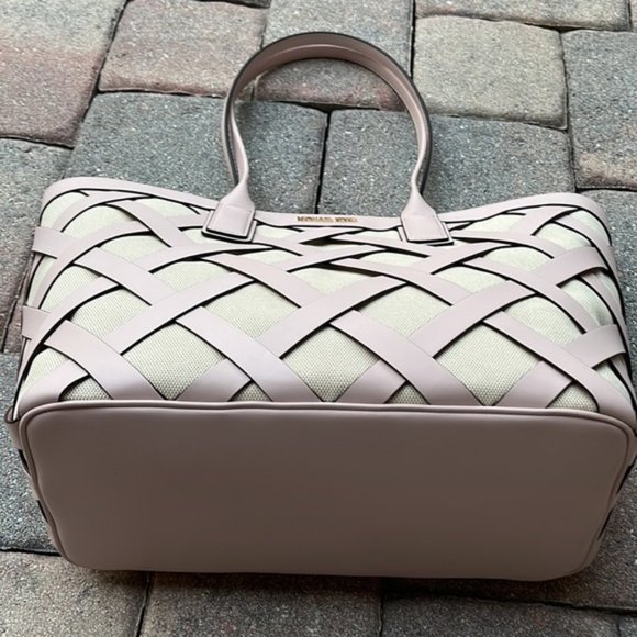 Michael Kors Sienna Large Tote Shoulder Bag Powder Blush Leather Canvas - Picture 3 of 16